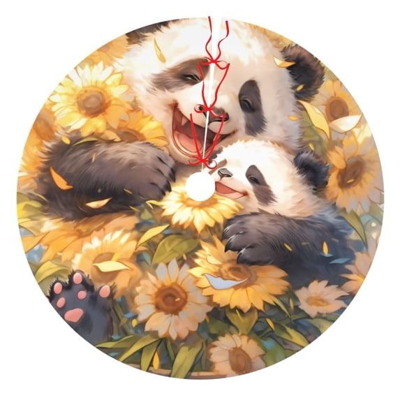 Lsque Cute Panda Sunflower Print Christmas Tree Skirt, Tree Skirt with Ties or Velcro, Perfect for Holiday Decorations, Halloween, and New Year-36"