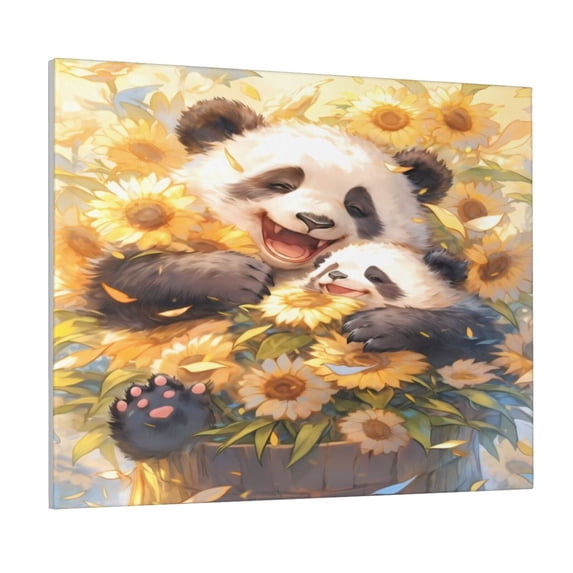 Lsque Cute Panda Sunflower Print Wall Art – Decorative Picture for Living Room, Bedroom, and Office (Horizontal)