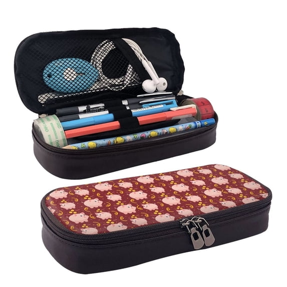 Lsque Cute Pig with Coins Printed Big Capacity PU Leather Pencil Case Large Pencil Pouch Stationery Pen Bag Pencil Holder for Teen