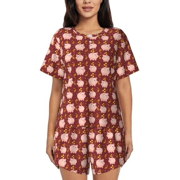 Lsque Cute Pig with Coins Women's Short-Sleeved Pajama Set - 2 Piece Soft and Lightweight Sleepwear Set-Small