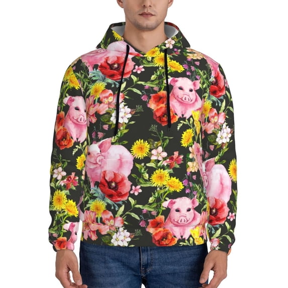 Lsque Cute Pigs Sunflower Pattern Casual Men's Hoodie,Hooded Sweatshirt with Kangaroo Pocket,Pullover Hoodie-Large