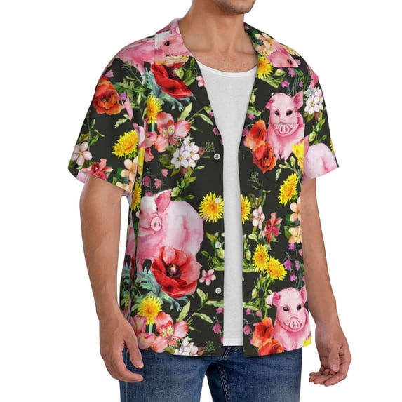 Lsque Cute Pigs Sunflower print Men's Cuban Collar Short Sleeve Shirt Summer Beachwear Casual Button Down Fashionable Vacation Leisure Shirt-3X-Large