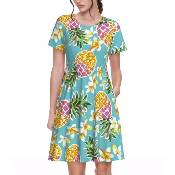 Lsque Cute Pineapples Print Women's Casual Dress T-Shirt Summer Short Sleeve Scoop Neck Swing Dresses