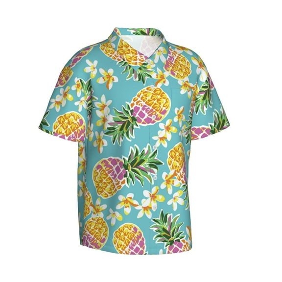 Lsque Cute Pineapples pattern Hawaiian Shirt for Men, Unisex Summer Beach Casual Short Sleeve Button Down Shirts-Large