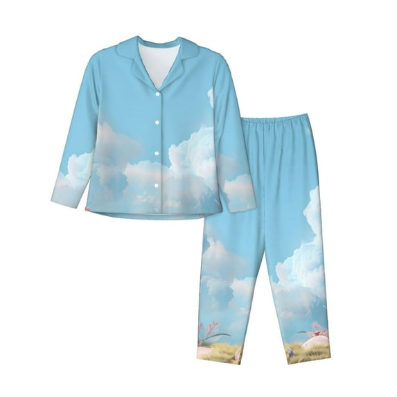 Lsque Cute Pink Mushrooms Pattern Long Sleeve Pajama Set for Women - Soft 2-Piece Sleepwear and Loungewear Set with Pockets, Comfy Nightwear-Small