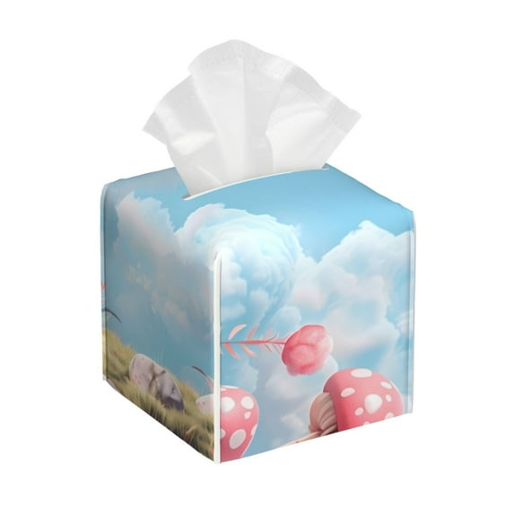 Lsque Cute Pink Mushrooms Printed Tissue Box Cover Holder, Facial Paper Organizer Dispenser,Square with Bottom Belt, PVC Leather Decorative Organizer
