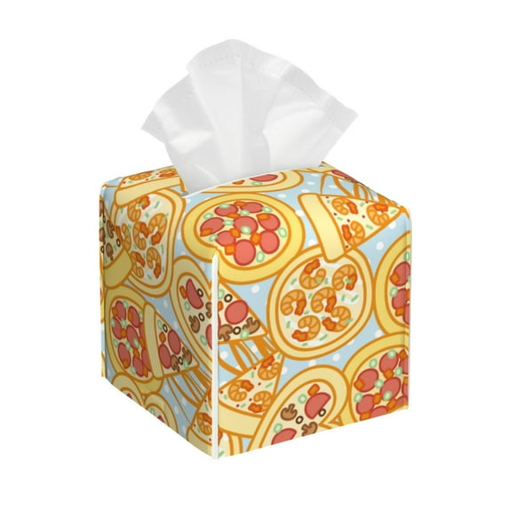 Lsque Cute Pizza In Various Printed Tissue Box Cover Holder, Facial Paper Organizer Dispenser,Square with Bottom Belt, PVC Leather Decorative Organizer
