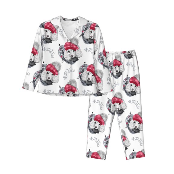 Lsque Cute Poodle Dog Pattern Long Sleeve Pajama Set for Women - Soft 2-Piece Sleepwear and Loungewear Set with Pockets, Comfy Nightwear-XX-Large