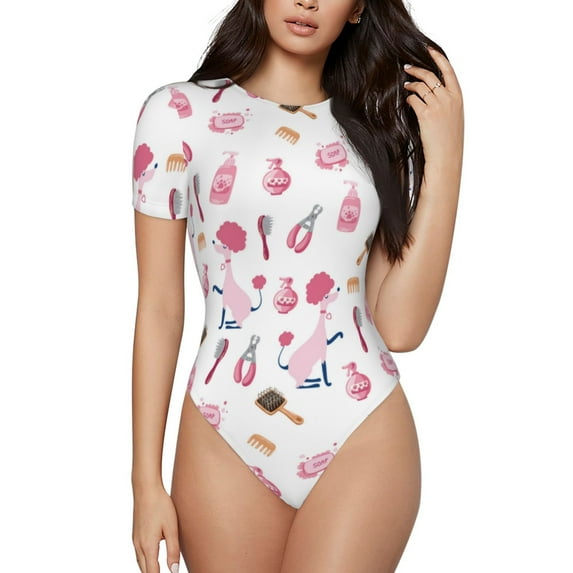 Lsque Cute Poodle Dog Women's Crew Neck Short Sleeve Bodysuit Basic T Shirts Tops Onesie Adult Cute Pajama-XX-Large