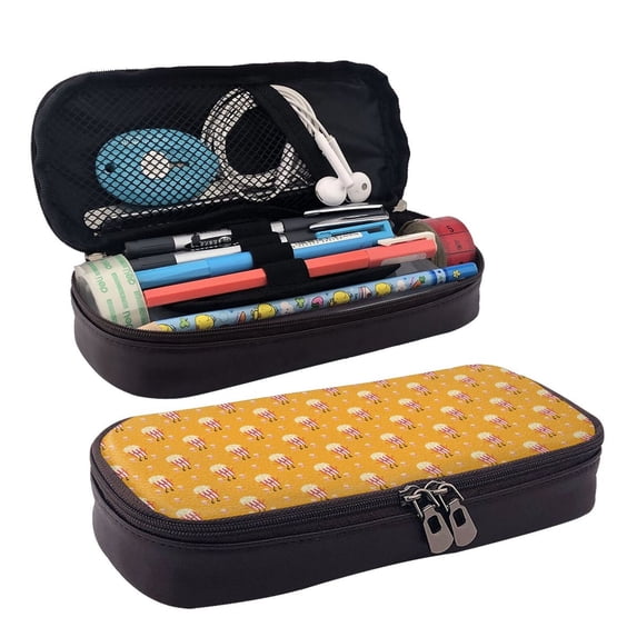Lsque Cute Popcorn Printed Big Capacity PU Leather Pencil Case Large Pencil Pouch Stationery Pen Bag Pencil Holder for Teen