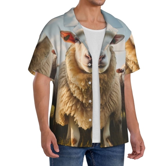 Lsque Cute Prairie Sheep Herd print Men's Cuban Collar Short Sleeve Shirt Summer Beachwear Casual Button Down Fashionable Vacation Leisure Shirt-X-Large