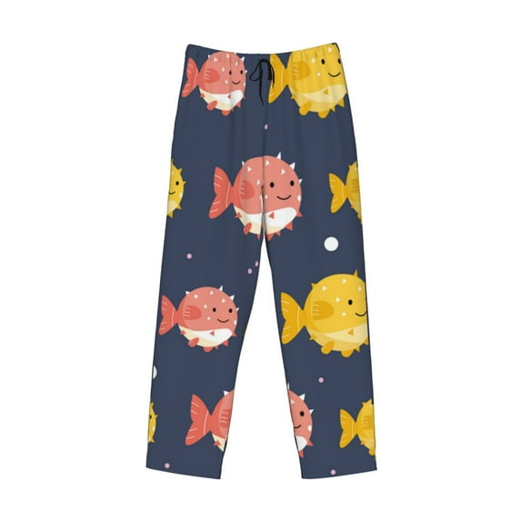 Lsque Cute Puffer Fish Print Men's Pajama Pants, Lounge Pant - Comfortable Home Wear,Elastic Waistband, Stylish Design-Large