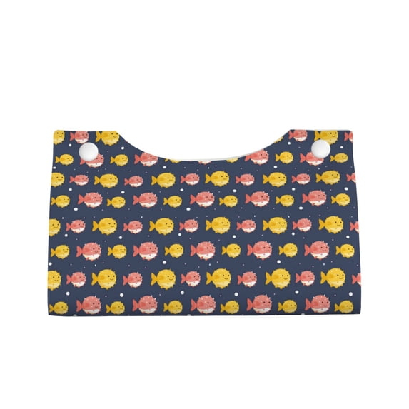 Lsque Cute Puffer Fish Printed Long Tissue Box Cover Holder, Facial Paper Organizer Dispenser,Triangle with Bottom Belt, PVC Leather Decorative Organizer
