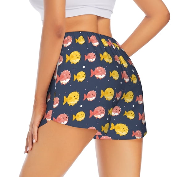 Lsque Cute Puffer Fish Printed Women's Running Shorts with Liner Pockets,Elastic Quick Dry Workout Athletic Gym Yoga Shorts,Womens High Waist Shorts-Medium