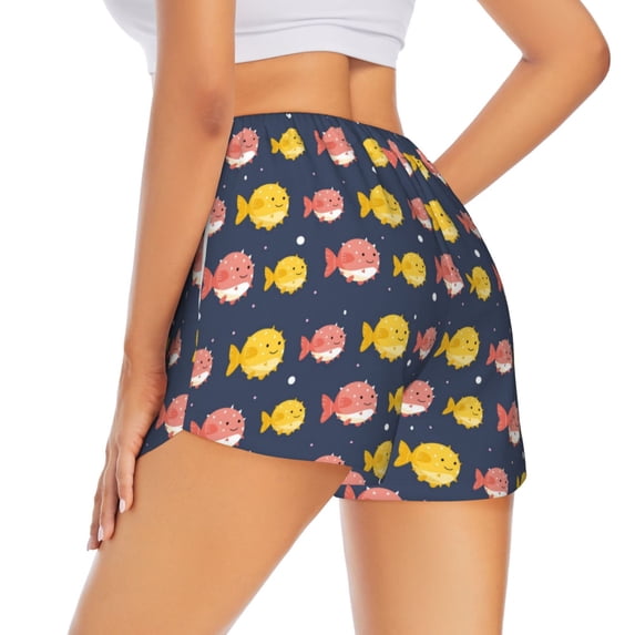 Lsque Cute Puffer Fish Printed Women's Running Shorts with Liner Pockets,Elastic Quick Dry Workout Athletic Gym Yoga Shorts,Womens High Waist Shorts-XX-Large