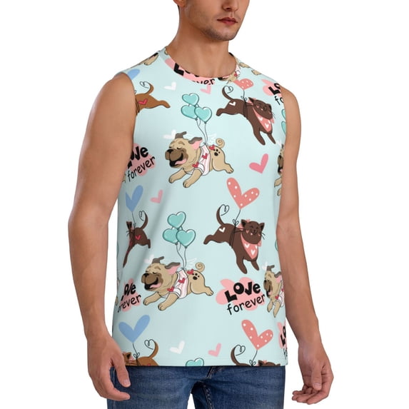 Lsque Cute Pug Dogs Print Men's Cotton Blend Sleeveless Muscle Shirts (S-3XL)- Moisture Wicking, Odor Protection, UPF 30+,Small