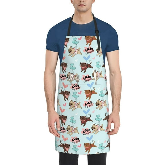 Lsque Cute Pug Dogs Waterproof Apron Chef Aprons for Men Heavy Duty Chemical Work Apron Extra Long Grilling Aprons with Adjustable Bib Apron