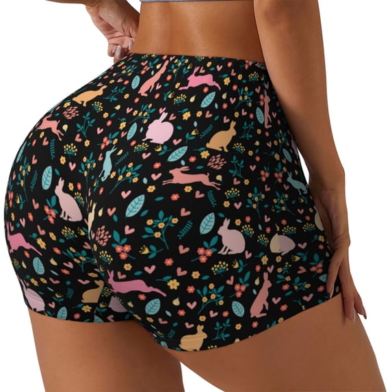 Lsque Cute Rabbit And Flower Pattern High Waisted Biker Shorts for Women-Tummy Control Fitness Athletic Workout Running Yoga Gym Shorts,Moisture-Wicking-XX-Large