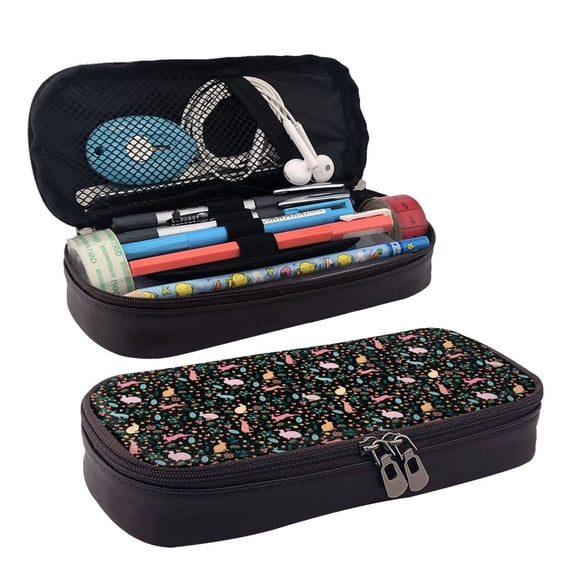 Lsque Cute Rabbit And Flower Printed Big Capacity PU Leather Pencil Case Large Pencil Pouch Stationery Pen Bag Pencil Holder for Teen