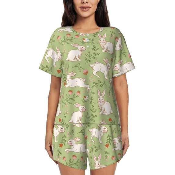 Lsque Cute Rabbit And Flower Women's Short-Sleeved Pajama Set - 2 Piece Soft and Lightweight Sleepwear Set-X-Large