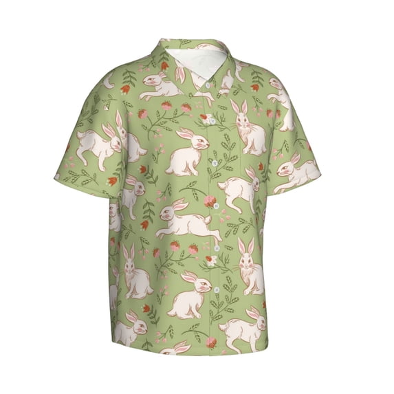 Lsque Cute Rabbit And Flower pattern Hawaiian Shirt for Men, Unisex Summer Beach Casual Short Sleeve Button Down Shirts-XX-Large