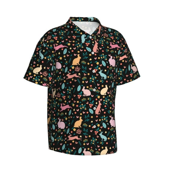 Lsque Cute Rabbit And Flower pattern Hawaiian Shirt for Men, Unisex Summer Beach Casual Short Sleeve Button Down Shirts-