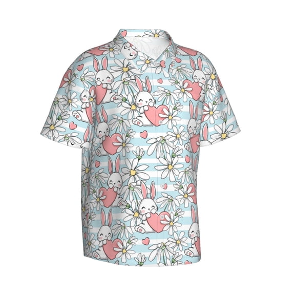 Lsque Cute Rabbit And Heart pattern Hawaiian Shirt for Men, Unisex Summer Beach Casual Short Sleeve Button Down Shirts-Large