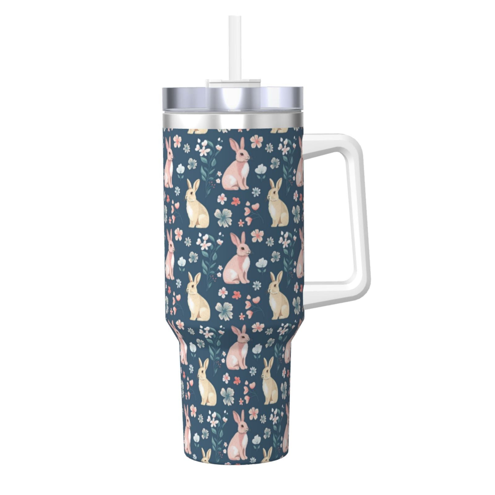 Lsque Cute Rabbit Floral Pattern 40 OZ Ice Bully Cup with Handle and ...