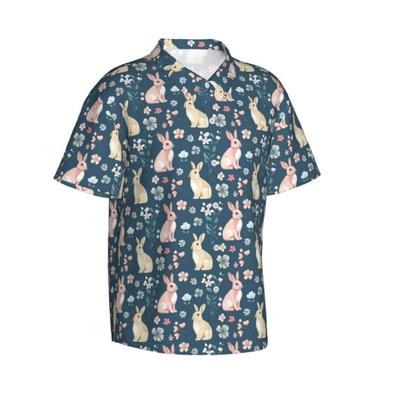 Lsque Cute Rabbit Floral pattern Hawaiian Shirt for Men, Unisex Summer Beach Casual Short Sleeve Button Down Shirts-X-Large