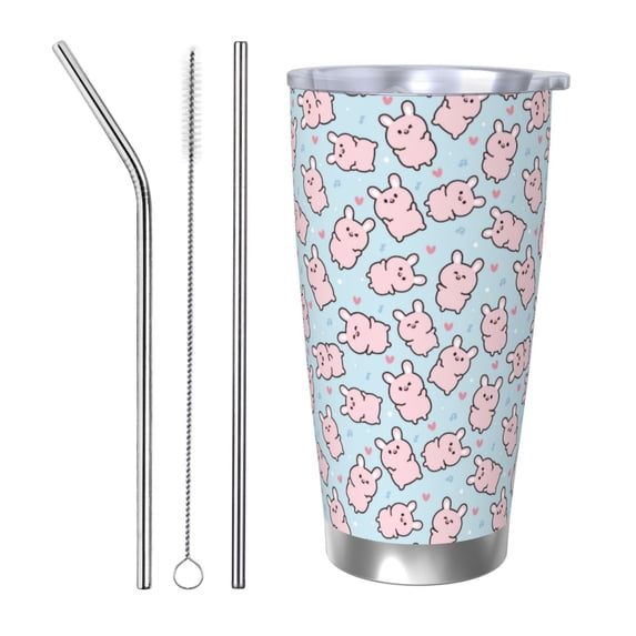 Lsque Cute Rabbit Pattern 20oz Car Cup with Lid and Straw, Insulated Coffee Cup with Straw Topper, Spill Proof Travel Coffee Mug, Stainless Steel Tumble-Straw Three-piece Set
