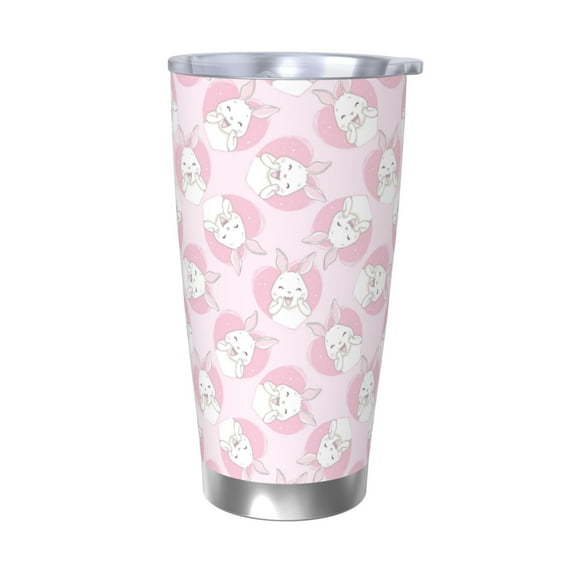 Lsque Cute Rabbit Pattern 20oz Car Cup with Lid and Straw, Insulated Coffee Cup with Straw Topper, Spill Proof Travel Coffee Mug, Stainless Steel Tumble-Without Straw