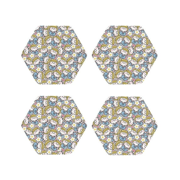 Lsque Cute Rabbit Pattern 4" Drink Coasters Set of 4, PVC Leather Absorbent Coasters, Table Coaster Set Decorative Coffee Cup Coasters Housewarming Gift -Hexagon
