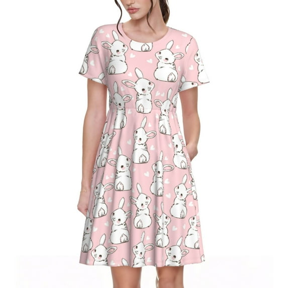 Lsque Cute Rabbit Print Women's Casual Dress T-Shirt Summer Short Sleeve Scoop Neck Swing Dresses