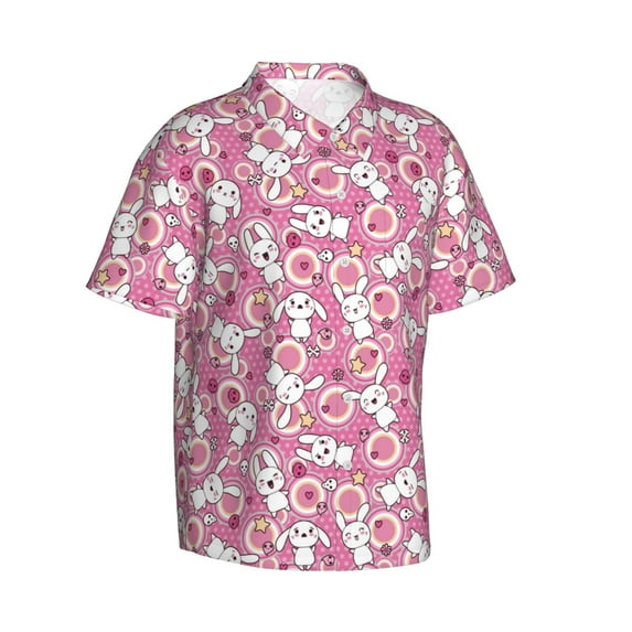 Lsque Cute Rabbit pattern Hawaiian Shirt for Men, Unisex Summer Beach Casual Short Sleeve Button Down Shirts-Small