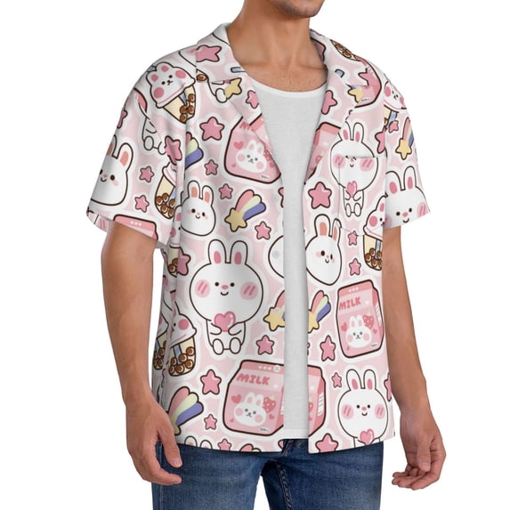 Lsque Cute Rabbit print Men's Cuban Collar Short Sleeve Shirt Summer Beachwear Casual Button Down Fashionable Vacation Leisure Shirt-3X-Large