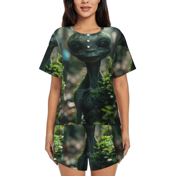 Lsque Cute Saucerman With Big Eyes Women's Short-Sleeved Pajama Set - 2 Piece Soft and Lightweight Sleepwear Set-Small