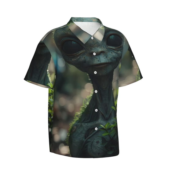 Lsque Cute Saucerman With Big Eyes pattern Hawaiian Shirt for Men, Unisex Summer Beach Casual Short Sleeve Button Down Shirts-Large