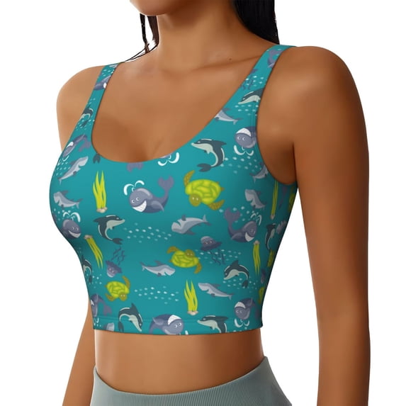 Lsque Cute Shark Turtle Printed Women'S Sports Bra, Compression, Moisture Wicking, High-Impact Sports Bra For Women,Supportive sports bra-XX-Large