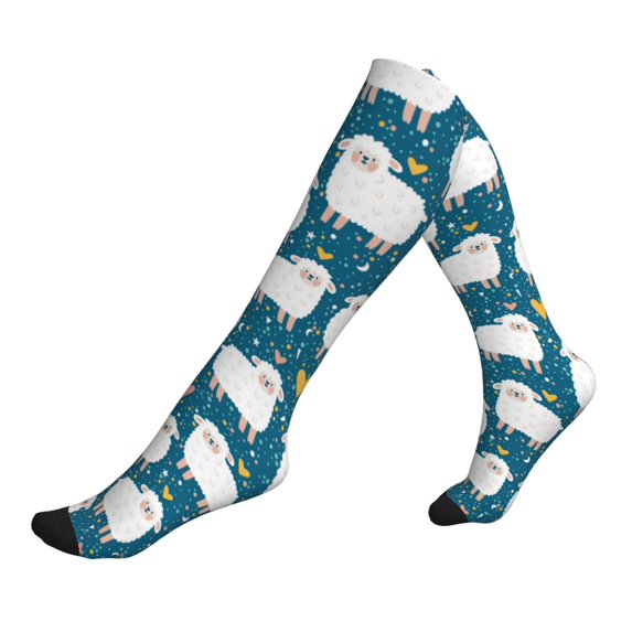 Lsque Cute Sheep And Hearts Pattern Sport Compression Socks for Men & Women 15-20 mmHg Knee High Nurse Pregnant Running Medical and Travel Athletic
