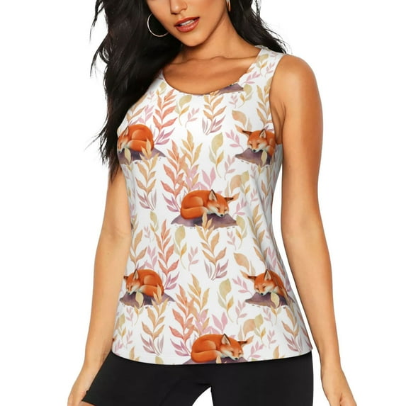 Lsque Cute Sleepy Fox Printed Workout Tank Tops for Women, Athletic Sports Tank Tops, Compression Sleeveless Dry Fit Shirts,Sleeveless Yoga Shirt-XX-Large