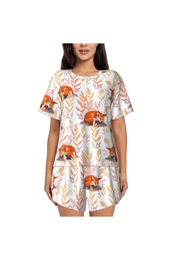 Cute Sleepy Fox Women's Short-Sleeved Pajama Set - 2 Piece Soft and Lightweight Sleepwear Set-Small