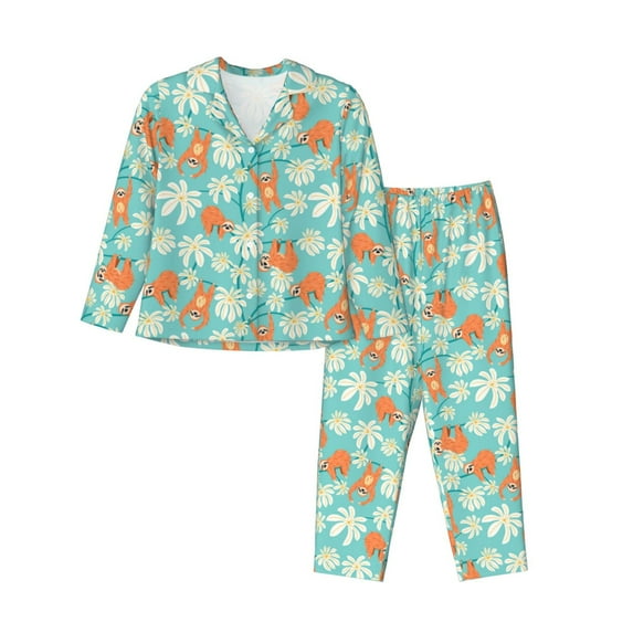Lsque Cute Sloth on Floral Tree Pattern Long Sleeve Pajama Set for Women - Soft 2-Piece Sleepwear and Loungewear Set with Pockets, Comfy Nightwear-Small
