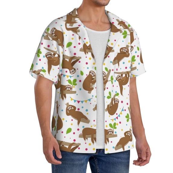 Lsque Cute Sloth print Men's Cuban Collar Short Sleeve Shirt Summer Beachwear Casual Button Down Fashionable Vacation Leisure Shirt-3X-Large