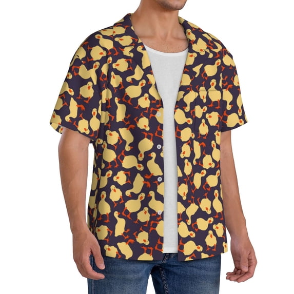 Lsque Cute Small Farm Birds print Men's Cuban Collar Short Sleeve Shirt Summer Beachwear Casual Button Down Fashionable Vacation Leisure Shirt-X-Large