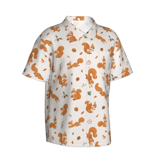 Lsque Cute Squirrel Fall pattern Hawaiian Shirt for Men, Unisex Summer Beach Casual Short Sleeve Button Down Shirts-3X-Large