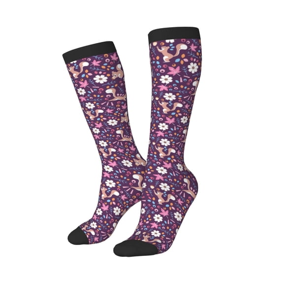 Lsque Cute Squirrel Floral Printed Crew Socks Men's Women's LightWeight Thin Casual Calf Socks ,Knee High Socks,Cotton Socks