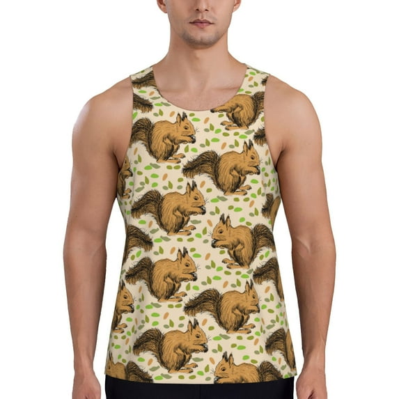 Lsque Cute Squirrel with Green Leaves Pattern Mens Tank Tops Muscle Athletic Quick Dry Sleeveless Workout Fitness T Shirts Beach Tank Top, Loose-fit Sleeveless Shirt for Men-Medium