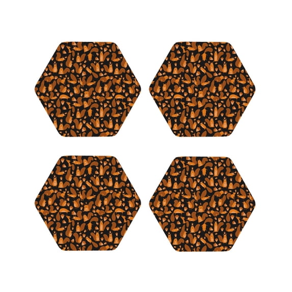 Lsque Cute Squirrel Pattern 4" Drink Coasters Set of 4, PVC Leather Absorbent Coasters, Table Coaster Set Decorative Coffee Cup Coasters Housewarming Gift -Hexagon