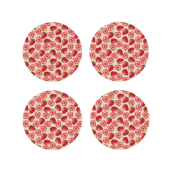 Lsque Cute Strawberry Pattern 4" Drink Coasters Set of 4, PVC Leather Absorbent Coasters, Table Coaster Set Decorative Coffee Cup Coasters Housewarming Gift -Round Shape