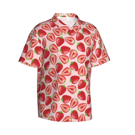 Lsque Cute Strawberry pattern Hawaiian Shirt for Men, Unisex Summer Beach Casual Short Sleeve Button Down Shirts-Small